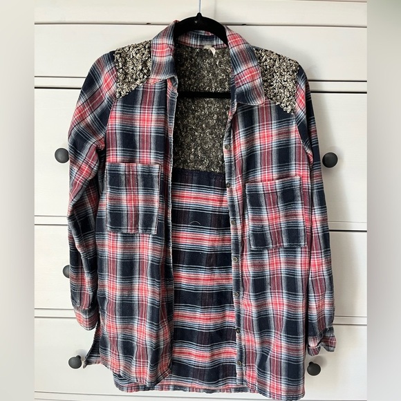 Free People Sequin Flannel Plaid Button Down Shirt XS - Picture 7 of 7